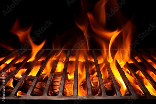 Empty barbecue grill with charcoal and burning fire. Copy space add product. Ai Generative
