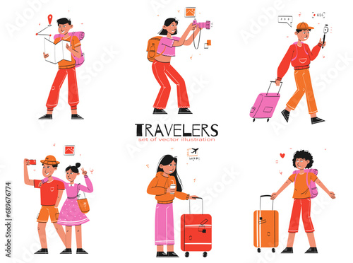 Travelers Concept illustrations. Collection of scenes with men and women taking part in tourism activities. Perfect for Website and Mobile Application & other design works.