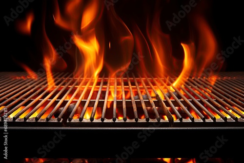 Empty barbecue grill with charcoal and burning fire. Copy space add product. Ai Generative