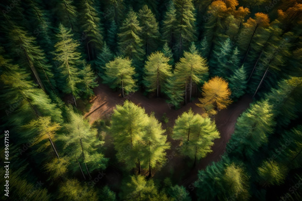 green deep and dark forest view from the drone  with large green trees in the forest and sunshine on the forest 
autumn trees with white scary sky abstract background 