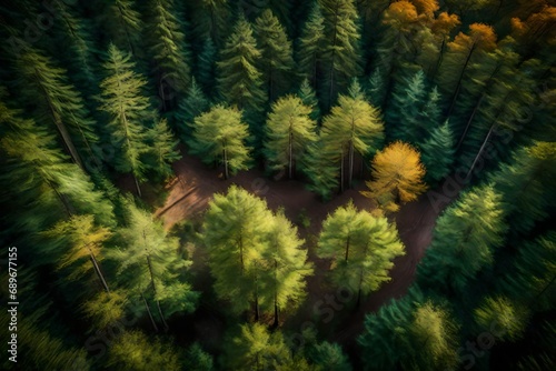 green deep and dark forest view from the drone with large green trees in the forest and sunshine on the forest autumn trees with white scary sky abstract background 