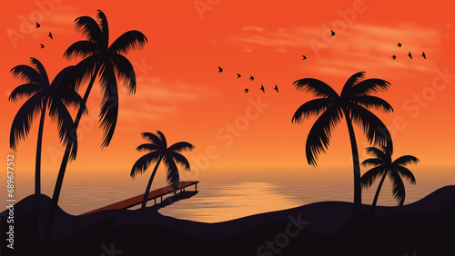 Beautifull Beach Sunset View, Wall-Art Work Illustration, Vector Artwork Palm Tree seaview Birds Sunset Bridge 