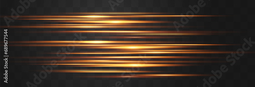 Set of horizontal lens flares. Abstract lights lines on png. Vector horizontal lighr beams. Glowing streaks on dark background. Luminous neon lines isolated on trasparent backgound