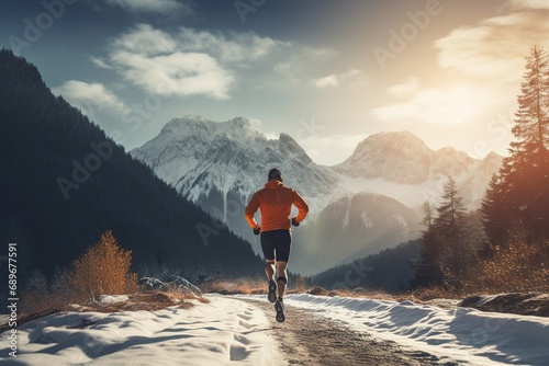Obraz na płótnie Runner in an orange jacket and black shorts from behind, running on a trail with snow patches, surrounded by pine trees against a backdrop of majestic snow-capped mountains and a clear sky with sunlig w salonie