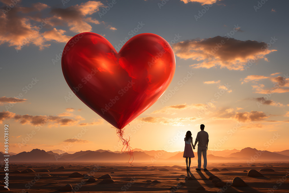 Couple looking at big heart shaped balloon holding their hands on sunset lights ai generated art