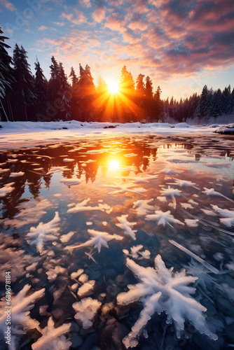 Sunset over frost lake in winter forest ai generated art vertical 