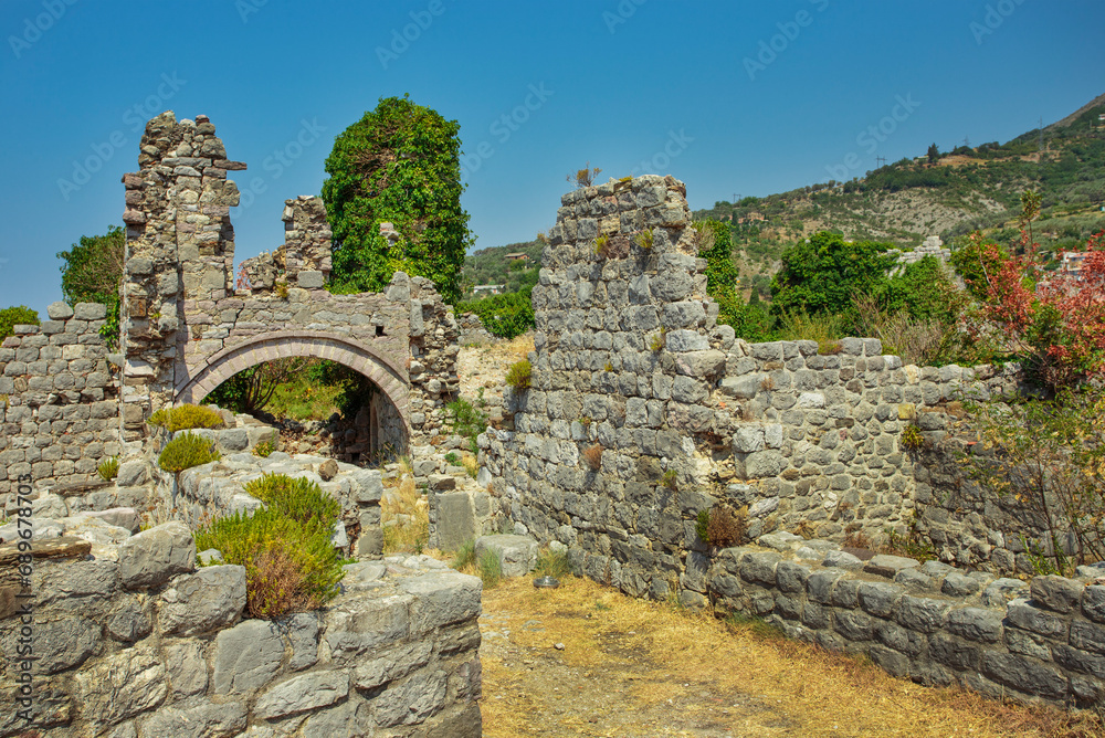 Streets, houses, ruins and fortress walls of the old town Bar. Europe. Montenegro