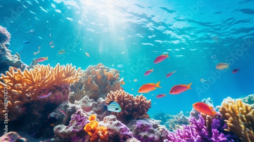 A natural coral reef is home to multicolored fish swimming.