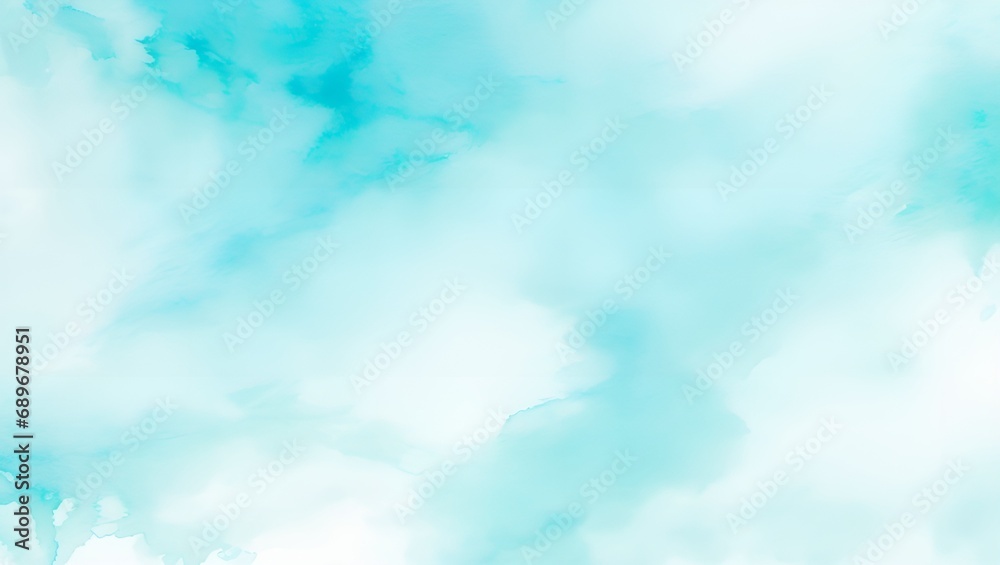 Abstract watercolor featuring shades of blue, turquoise, teal, mint, cyan, and white. A vibrant and colorful art background with light pastel tones, evoke the feel of a dramatic sky with clouds..