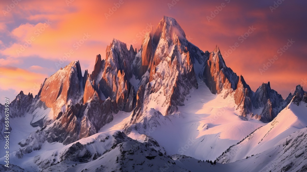 A ravine is reflected by the mountain range during a multicolored sunset.