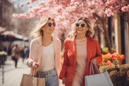 Two cheerful female friends holding shopping bags on sunny spring day. Women making shopping during spring sales season.
