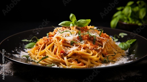 Pasta Perfection: Tantalizing Close-Up of Creamy Pasta with Velvety Sauce and Basil Leaves