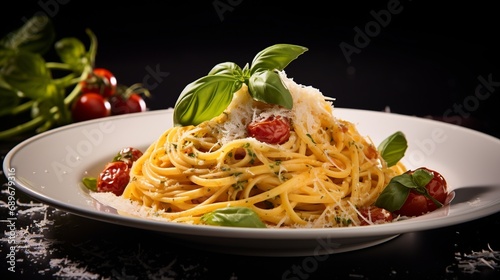 Pasta Perfection: Tantalizing Close-Up of Creamy Pasta with Velvety Sauce and Basil Leaves
