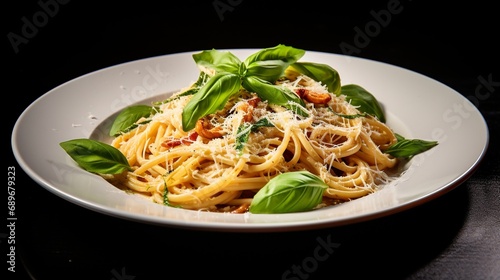 Pasta Perfection: Tantalizing Close-Up of Creamy Pasta with Velvety Sauce and Basil Leaves