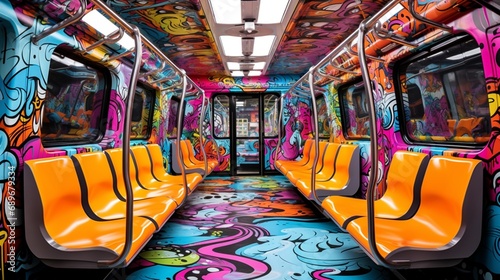 a vibrant and artistic graffiti mural on a white subway train, its energetic ...