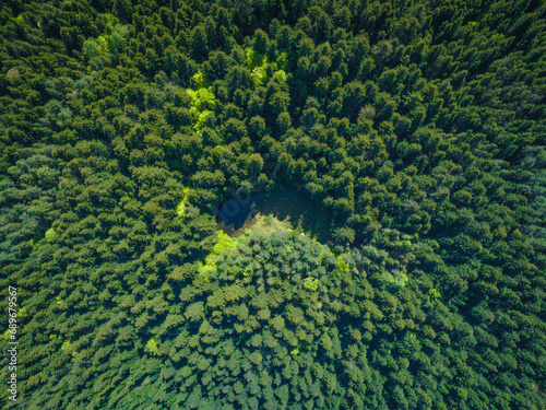 Fototapeta Naklejka Na Ścianę i Meble -  Lot nad Czarną Młaką w Muszynie wiosną. Beskidzkie osobliwości.