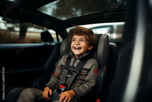 Joyful child is sitting in a car seat and wearing seat belts, safe driving, saving lives photo