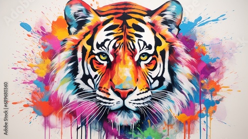 a vibrant representation of a majestic tiger  its bold stripes and fierce expression depicted in vivid colors on a pristine white canvas  symbolizing strength and power.