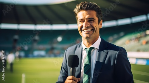 Football/soccer reporter on the field made with Ai generative technology, the person in this image is fictional photo