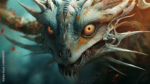 A close-up shot of the face of a dragon with its eyes and whiskers in focus. © Akbar