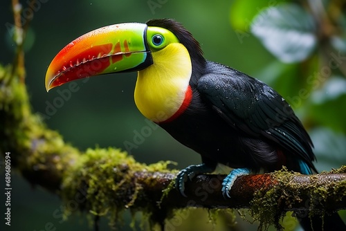 Keel billed Toucan perched on a forest branch in Panamas lush greenery