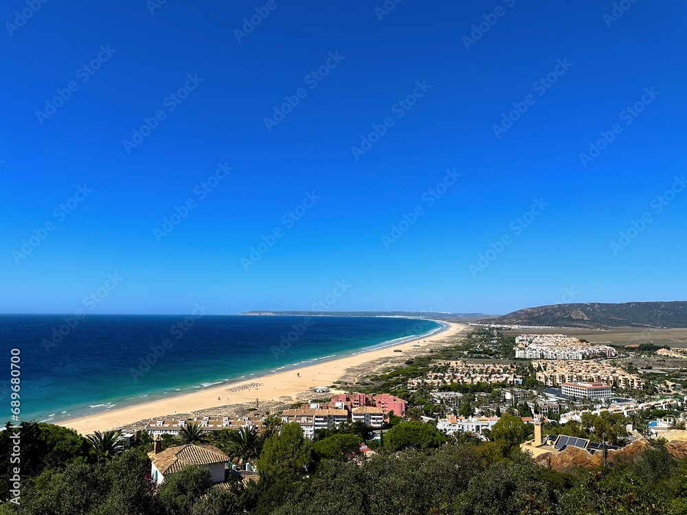 view over Atlanterra at the Atlantic Ocean with a view towards Zahara de los Atunes and Barbate, Costa de la Luz, Andalusia, Spain
