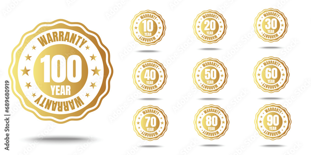 set of golden warranty logo,Vector golden warranty number. 10, 30, 20,  60, 50, 100,40,70,80,90, life time,logo design. vector illustration - obrazy, fototapety, plakaty 