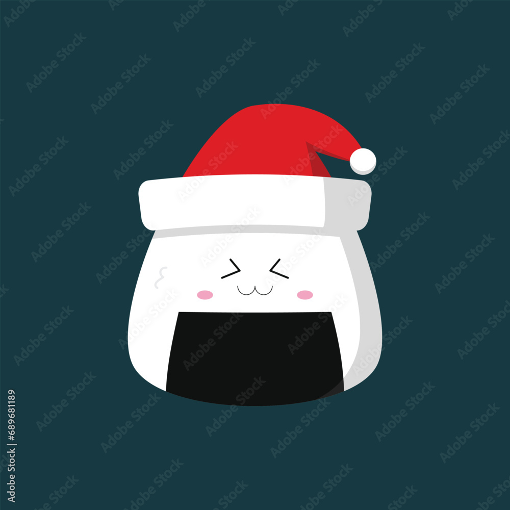 Christmas vector: Cute onigiri illustration with eyes closed and wearing a red Santa hat. Great for Christmas mascots, t-shirt printing, children's books and more. Christmas vector: Cute onigiri illustration with eyes closed and wearing a red Santa hat. Great for Christmas mascots, t-shirt printing, children's books and more.