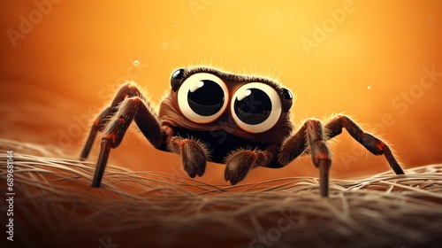An illustration of a cute little juming spider with four eyes that is close up photo
