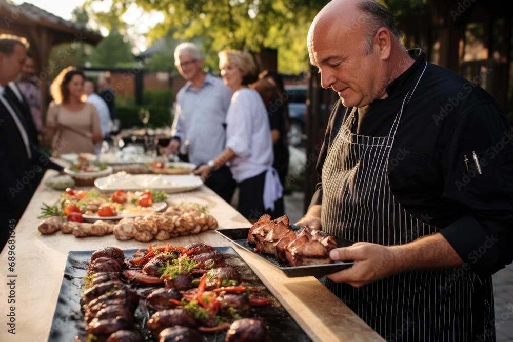 chef serving a platter of argentinian asado to guests - obrazy, fototapety, plakaty 