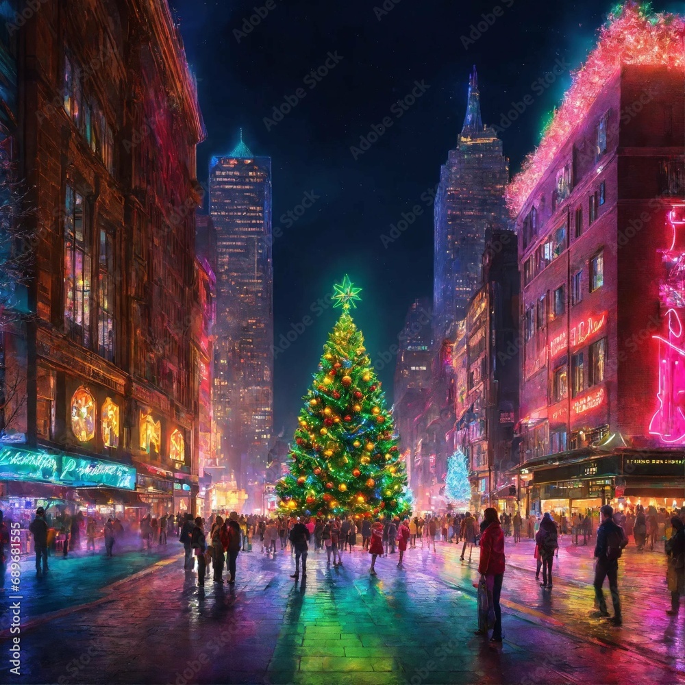 Bright Christmas Themed City Square. Ai Generated