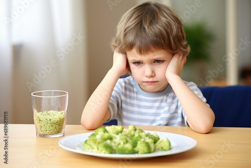 child looking skeptically at a plate of broccoli rice