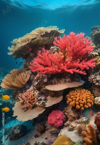 Beautiful underwater scenery with various types of fish and coral reefs   aquarium salt water