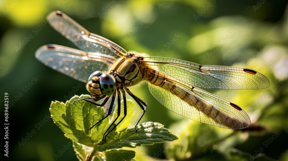 A dragonfly is positioned on a green plant in sunlight. A dragonfly is positioned on a green plant in sunlight.