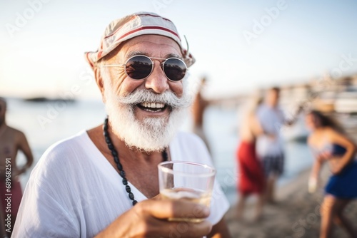 man refreshing with club soda at a beach party photo