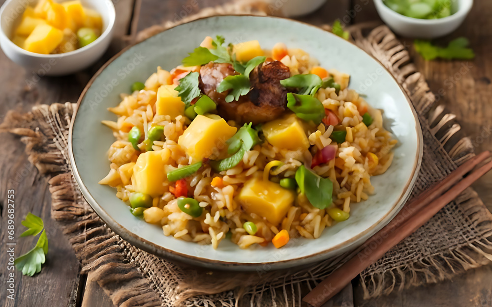Capture the essence of Pineapple Fried Rice in a mouthwatering food photography shot Generative AI Capture the essence of Pineapple Fried Rice in a mouthwatering food photography shot Generative AI