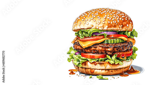 Watercolor Tasty Burger isolated on White Background with copy space photo