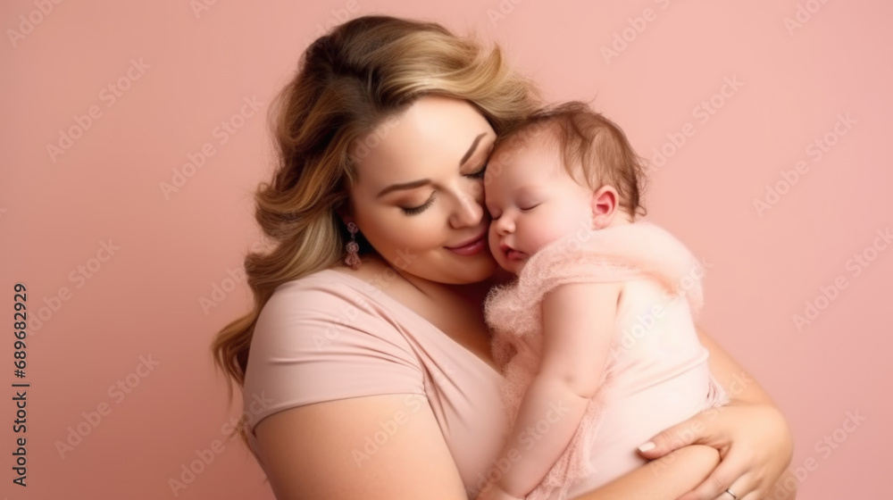 A loving mother in a soft pink dress gently holding her sleeping infant against a warm peach-colored background. A loving mother in a soft pink dress gently holding her sleeping infant against a warm peach-colored background.