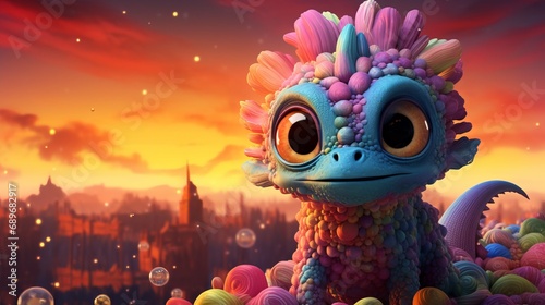 A small dragon with a cute face surrounded by a colorful and magical sunrise