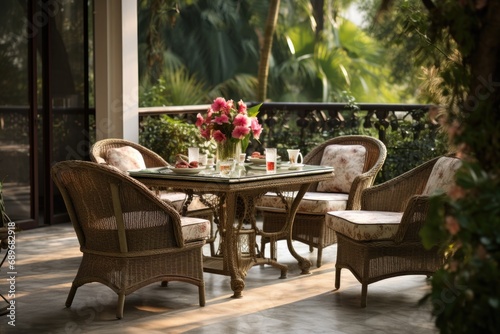 A round dining table stands on the terrace