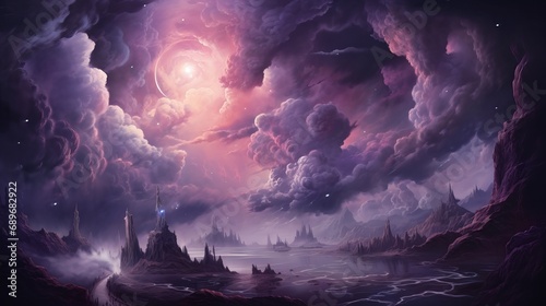 A wallpaper with a surrealistic landscape in purple tones that is both dreamy and surreal