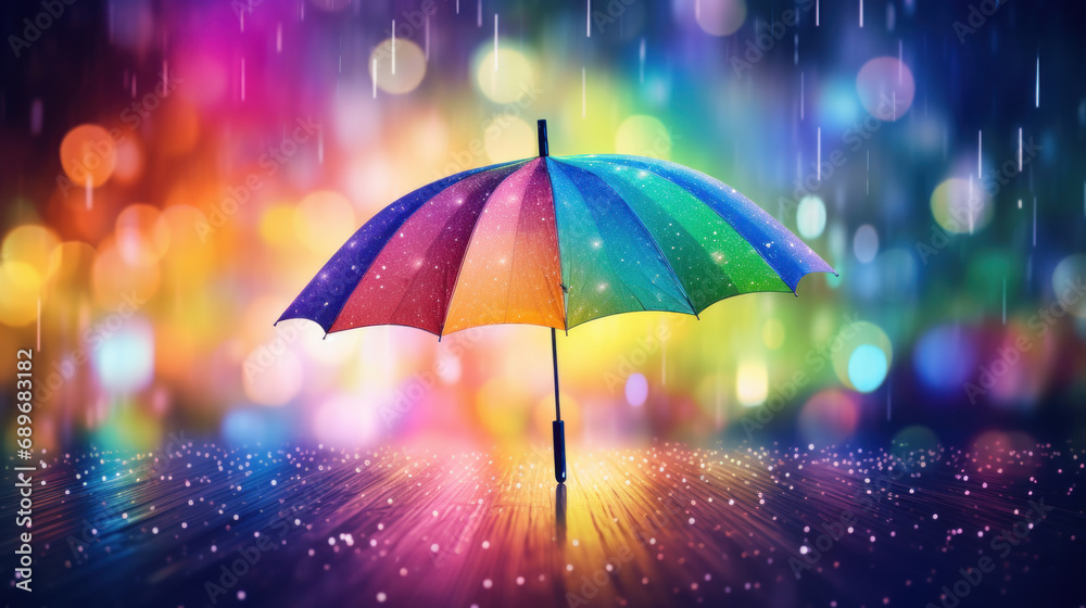 Colorful umbrella on rainbow bokeh background.