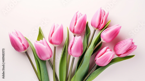 Bouquet of pink tulips on white background, top view