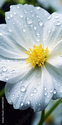 White flower with dew drops on the petals close-up
