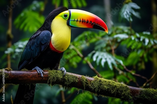 Keel billed Toucan perched on a forest branch in Panamas lush greenery