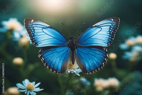 Blue butterfly. A butterfly sits on flowers. Selective focus. AI generated.