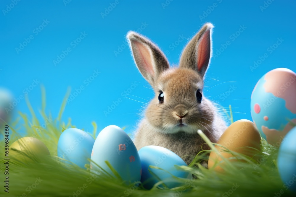 Rabbit, easter eggs on grass, blue background, easter holiday and culture concept. Generative AI Rabbit, easter eggs on grass, blue background, easter holiday and culture concept. Generative AI