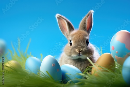 Rabbit, easter eggs on grass, blue background, easter holiday and culture concept. Generative AI