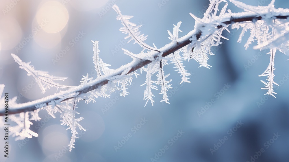 A macro shot of a frosted branch in a winter forest that is close up.