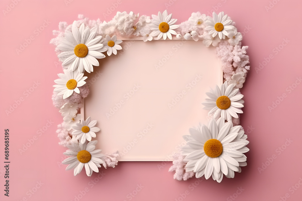 Blank greeting card in frame made of white chamomile flowers on pink background. Wedding invitation. Mock up Blank greeting card in frame made of white chamomile flowers on pink background. Wedding invitation. Mock up